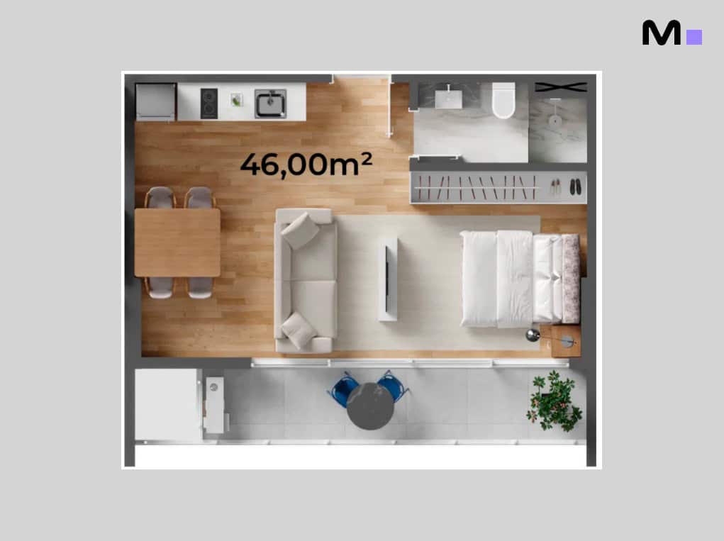 Planta baixa de apartamento de 46m² do Down Town by Housi, com sala, quarto, cozinha e varanda.