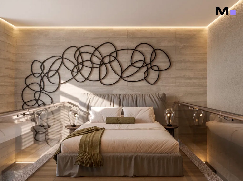 Quarto moderno com cama aconchegante e decoração de parede artística no Axion Towers.