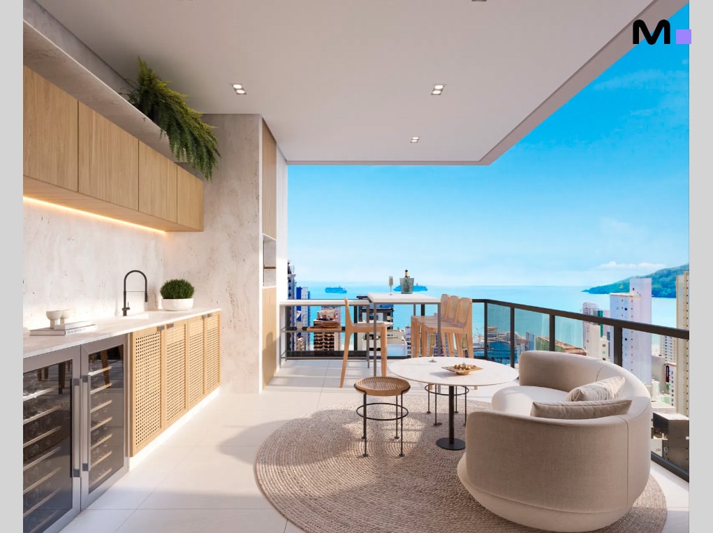 Varanda moderna da Las Salinas Residence com vista para o mar, mesa e cadeiras de design.