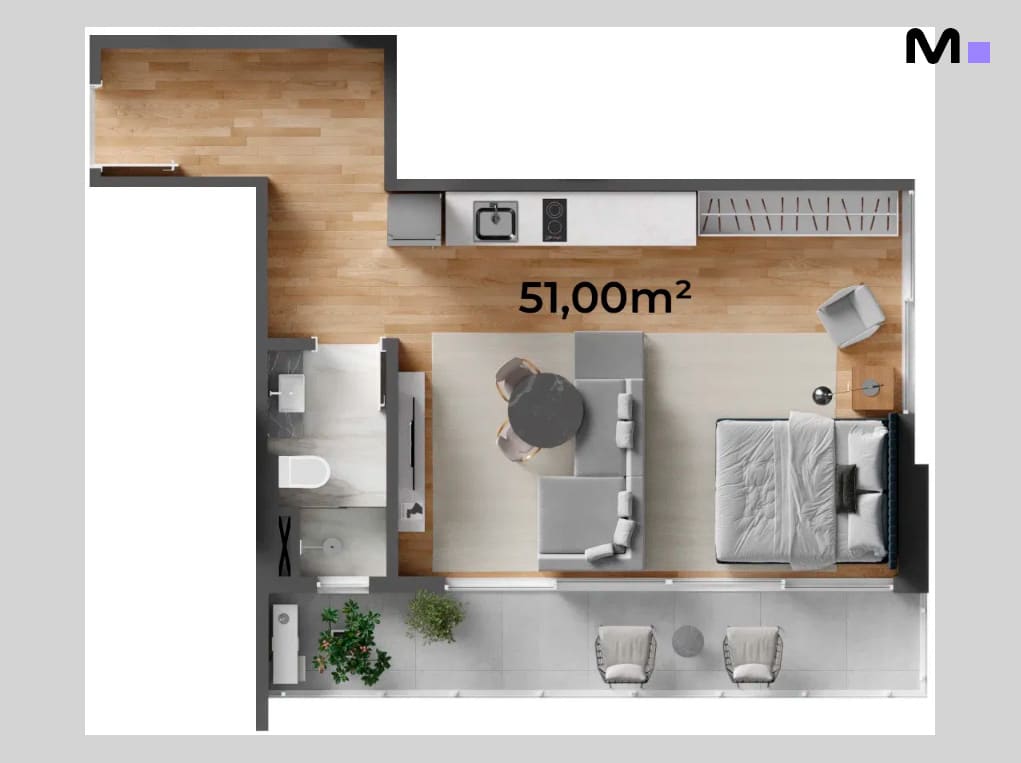 Planta baixa de apartamento de 51m² do Down Town by Housi, com cozinha, sala, quarto e varanda.