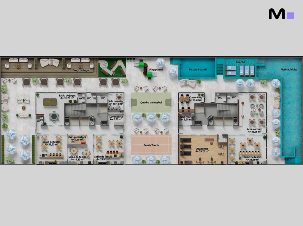 Planta baixa do Axion Towers com piscina, quadra, salão de festas e academia.