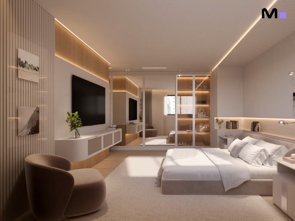 Quarto moderno e minimalista da Residência Las Salinas com cama, poltrona e TV. Design elegante e clean.
