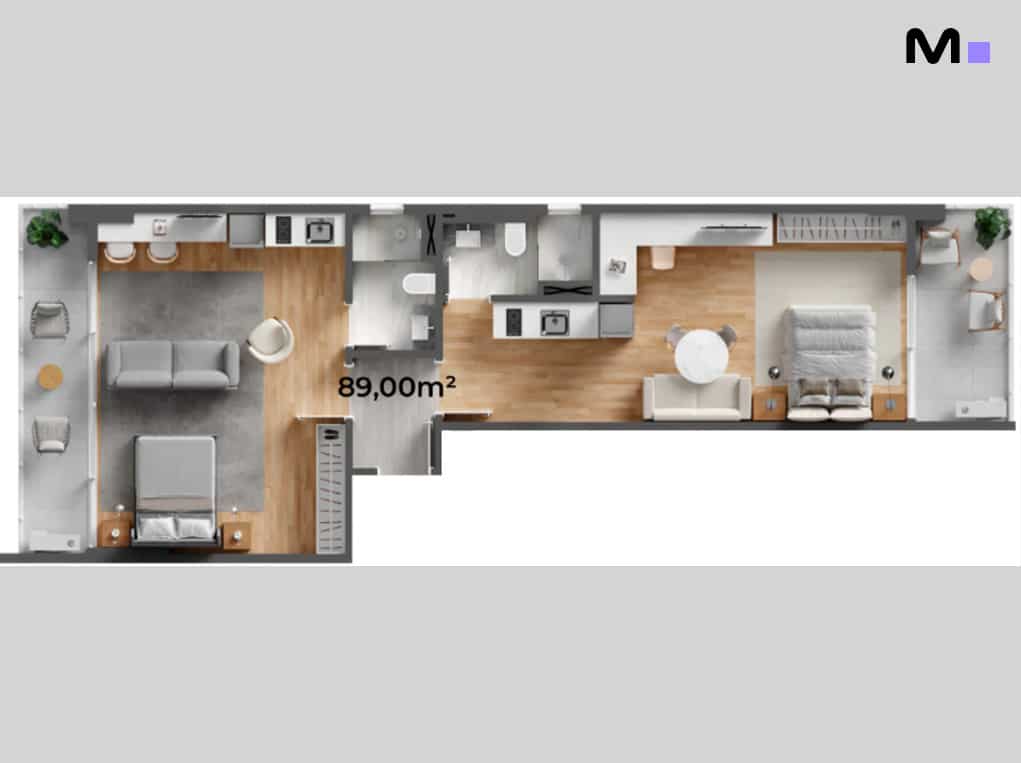 Planta baixa de apartamento "Down Town by Housi" com 89m². Design moderno e funcional.