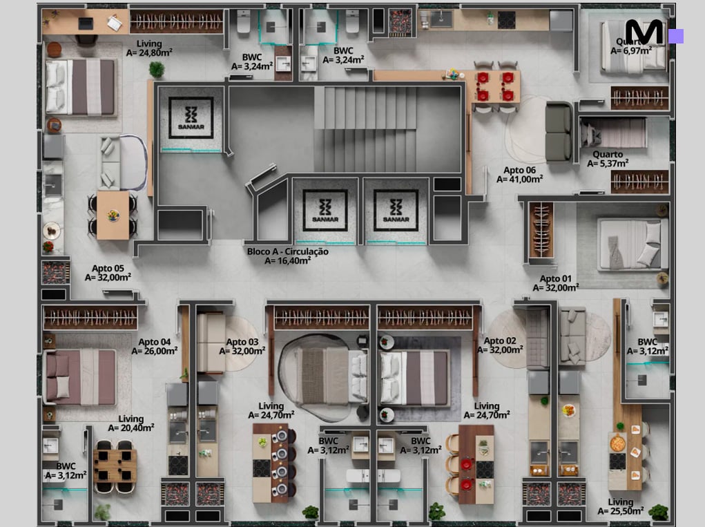 Planta baixa do Axion Towers com apartamentos, layout detalhado e medidas.
