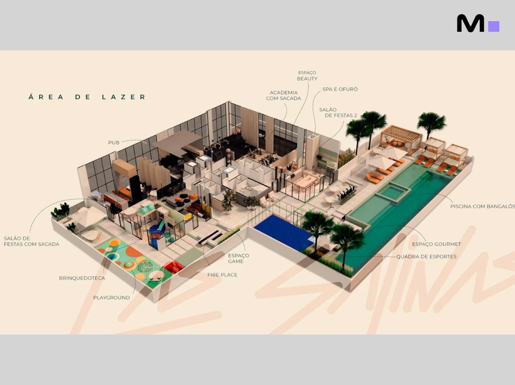 Planta baixa da área de lazer do Las Salinas Residence, com piscina, academia e salão de festas.