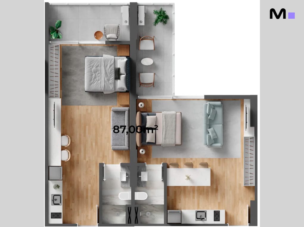 Planta baixa de apartamento Down Town by Housi com dois quartos e design moderno.