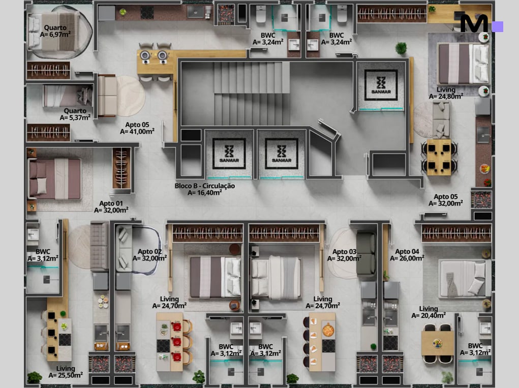 Planta baixa do Axion Towers com layouts de apartamentos de diferentes tamanhos.