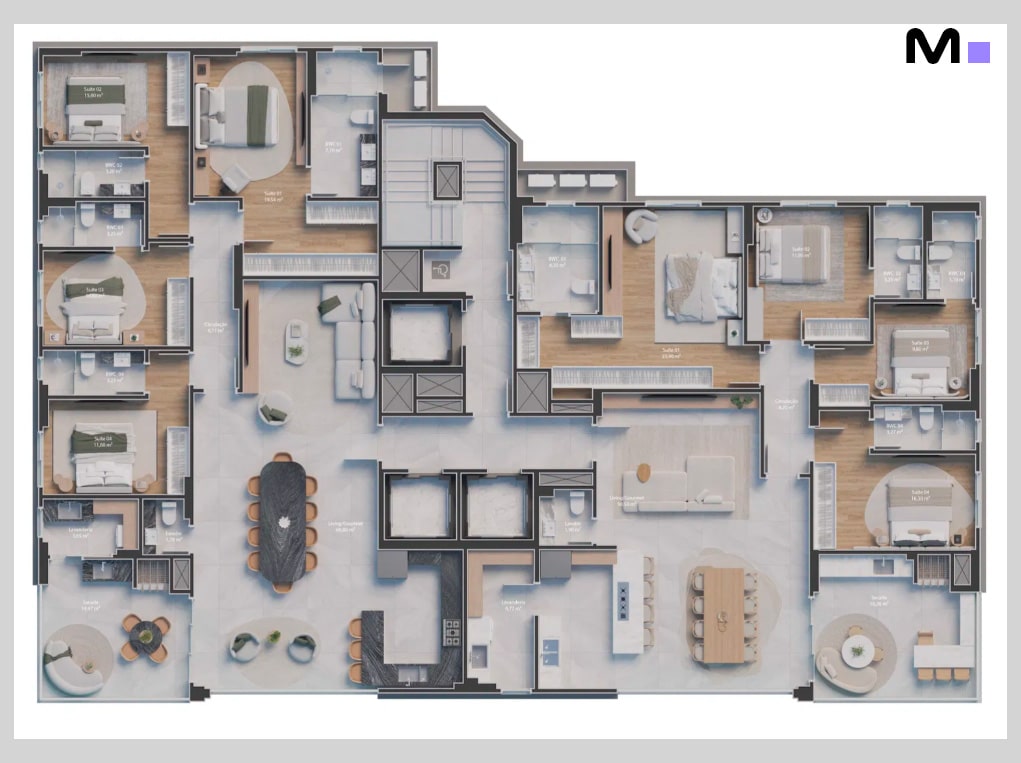 Planta do apartamento Las Salinas Residence: layout detalhado com suítes, sala de estar e jantar.