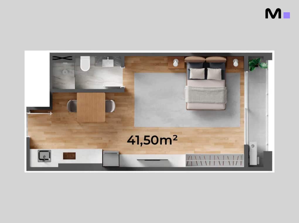 Planta baixa de apartamento "Down Town by Housi" com 41,50m². Layout moderno e funcional.