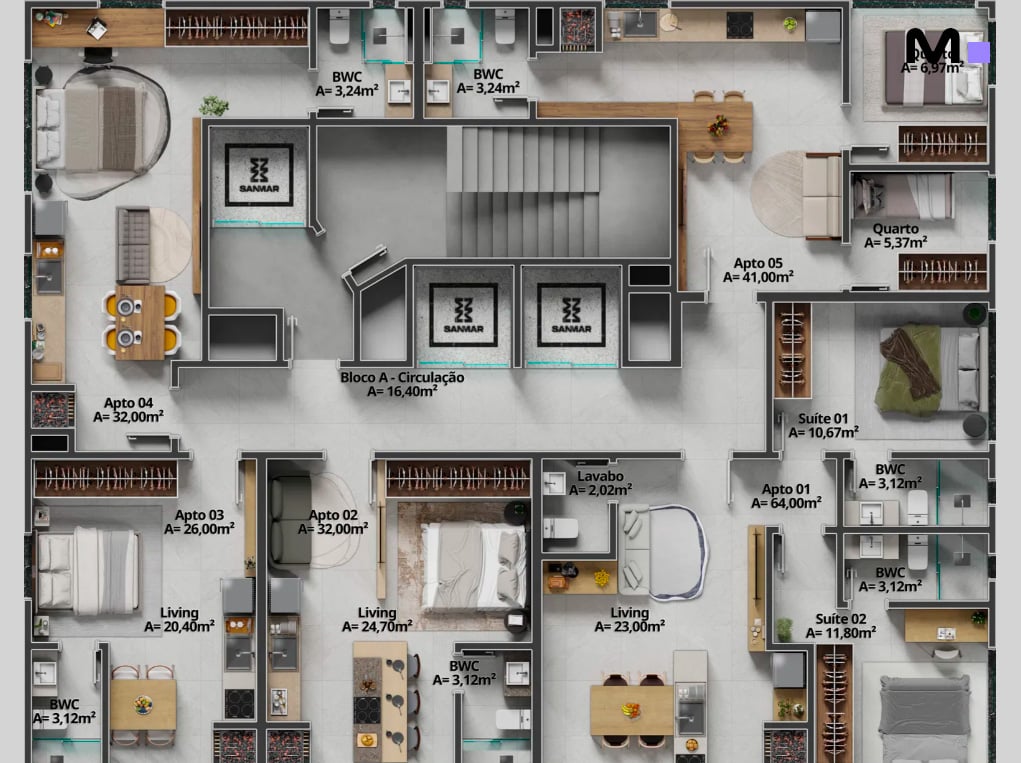 Planta baixa de apartamentos no Axion Towers, com medidas e layout detalhado.