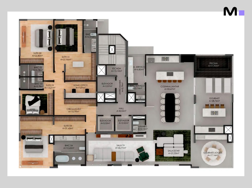 Planta baixa da Residência Las Salinas, mostrando a disposição dos cômodos e áreas.