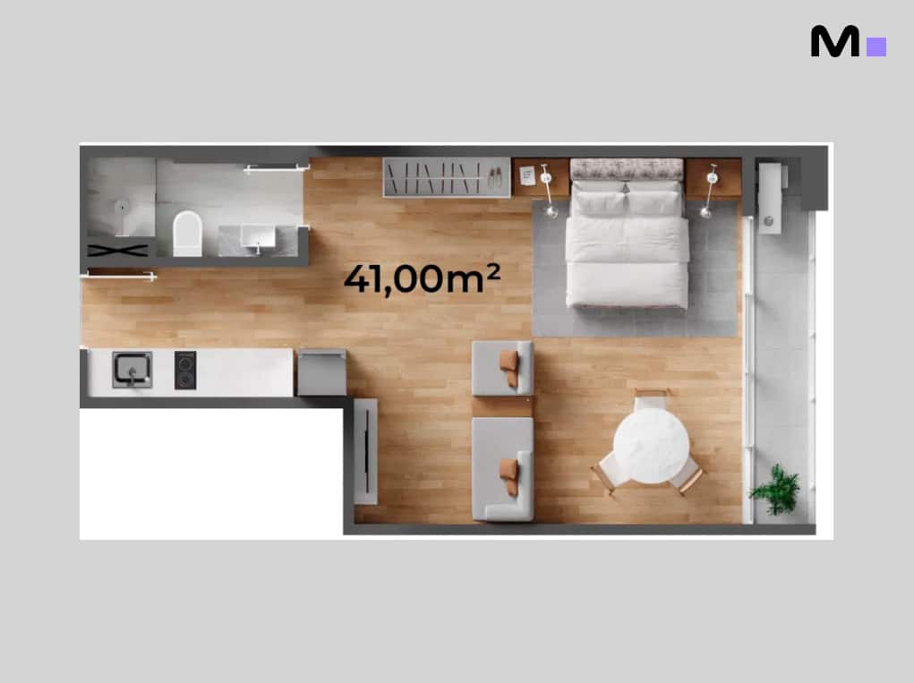 Planta baixa de apartamento "Down Town by Housi" com 41m². Visão superior do layout.