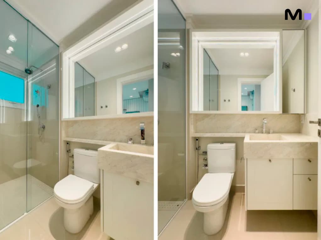 Banheiro moderno com pia de pedra e box de vidro no Infinity Coast Residence.