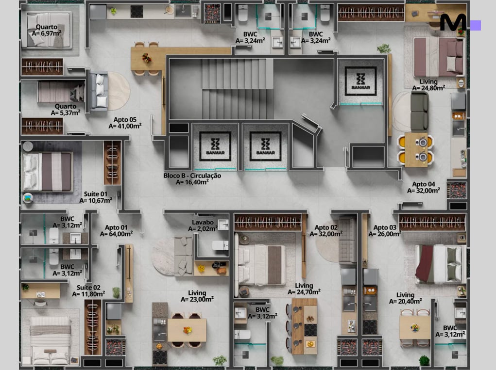 Planta baixa detalhada do Axion Towers, mostrando layouts de apartamentos e dimensões dos cômodos.