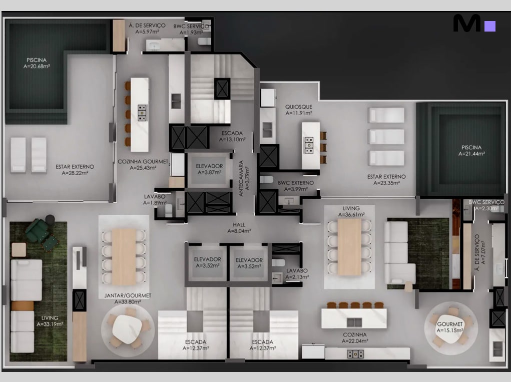 Planta baixa da Las Salinas Residence com detalhes de layout e áreas dos cômodos.