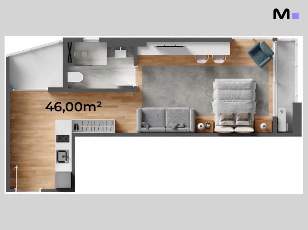 Planta baixa de apartamento "Down Town by Housi" com 46m². Layout com quarto, banheiro e cozinha integrados.