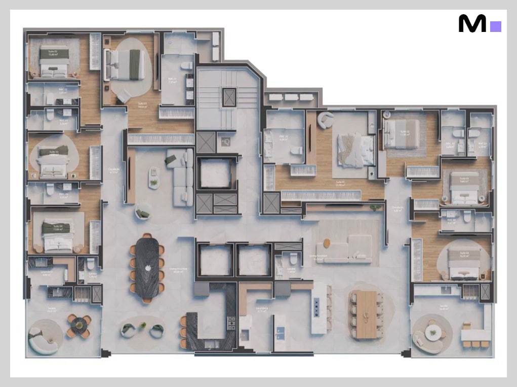 Planta baixa da Residência Las Salinas, mostrando o layout dos quartos, sala de estar e cozinha.
