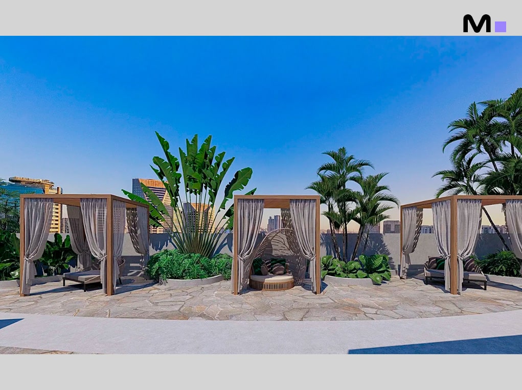 Cobertura com cabanas e vista da cidade. Relaxamento ao ar livre.