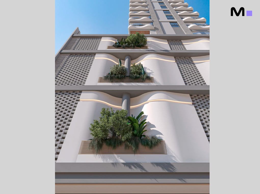 Detalhe da fachada de edifício moderno com plantas e design ondulado. Arquitetura contemporânea.