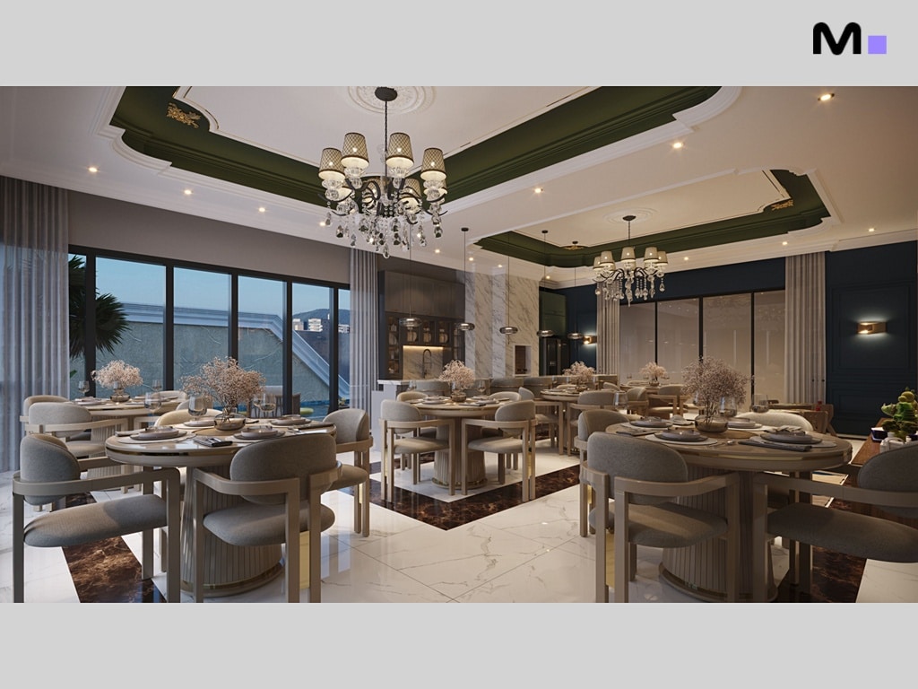 Interior elegante de restaurante com mesas redondas e lustres.