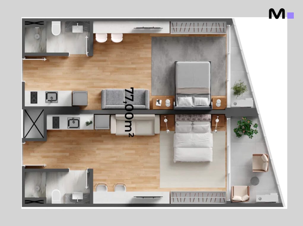 Planta baixa de apartamento "Down Town by Housi" com 77m². Layout moderno e funcional.