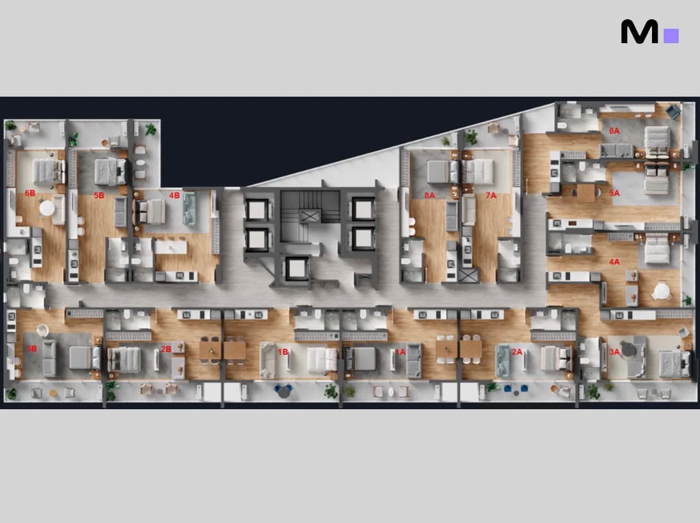 Planta baixa do Down Town by Housi com layouts de apartamentos numerados.