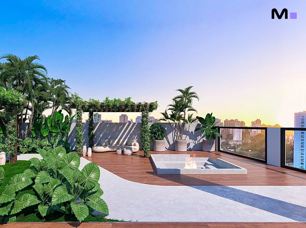 Terraço do Elohim Residencial Club com vegetação exuberante e área de lazer moderna.