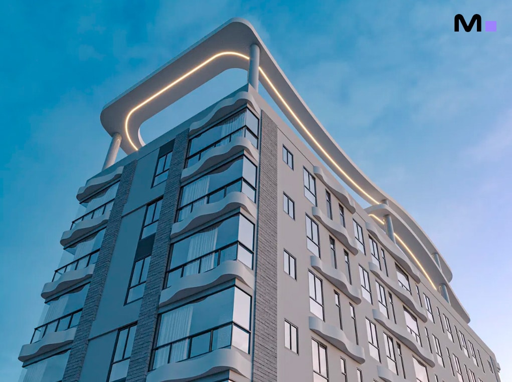 Edifício moderno com design arrojado sob céu azul. Arquitetura urbana contemporânea.