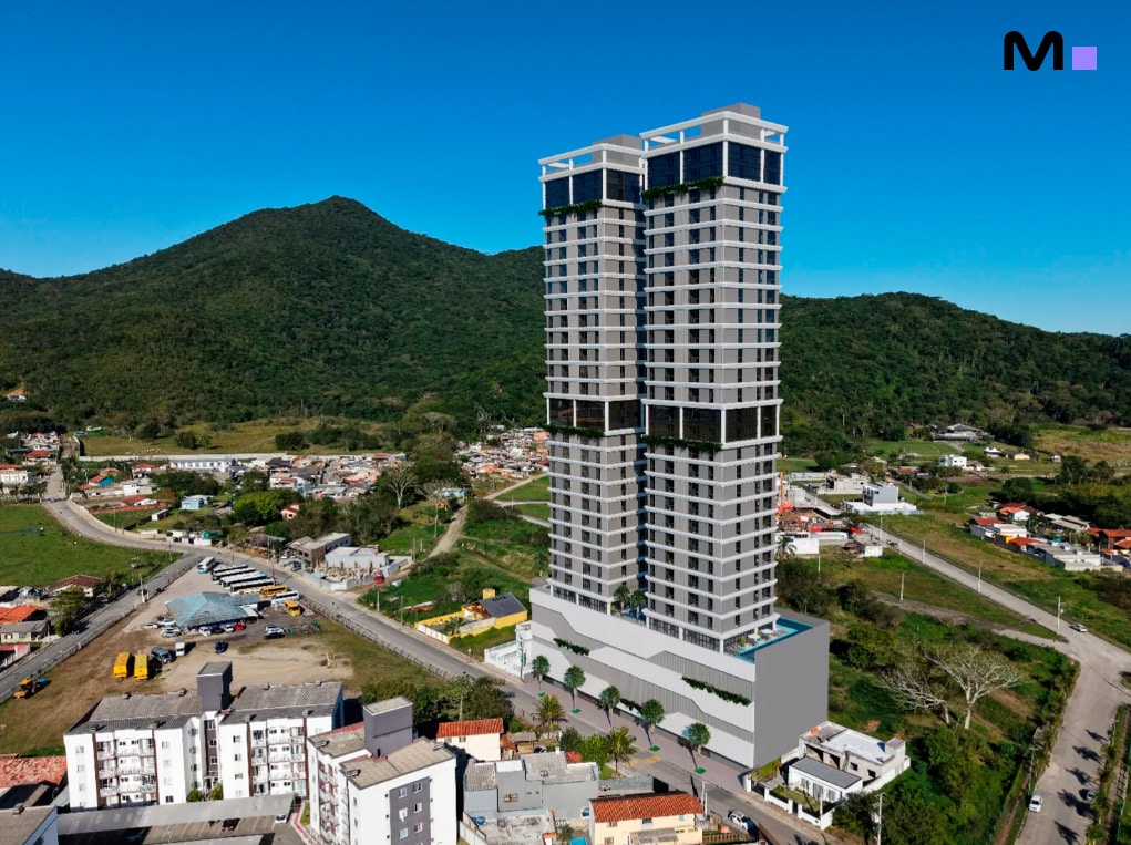 Axion Towers: Imponente edifício residencial moderno em meio à paisagem urbana e natural.
