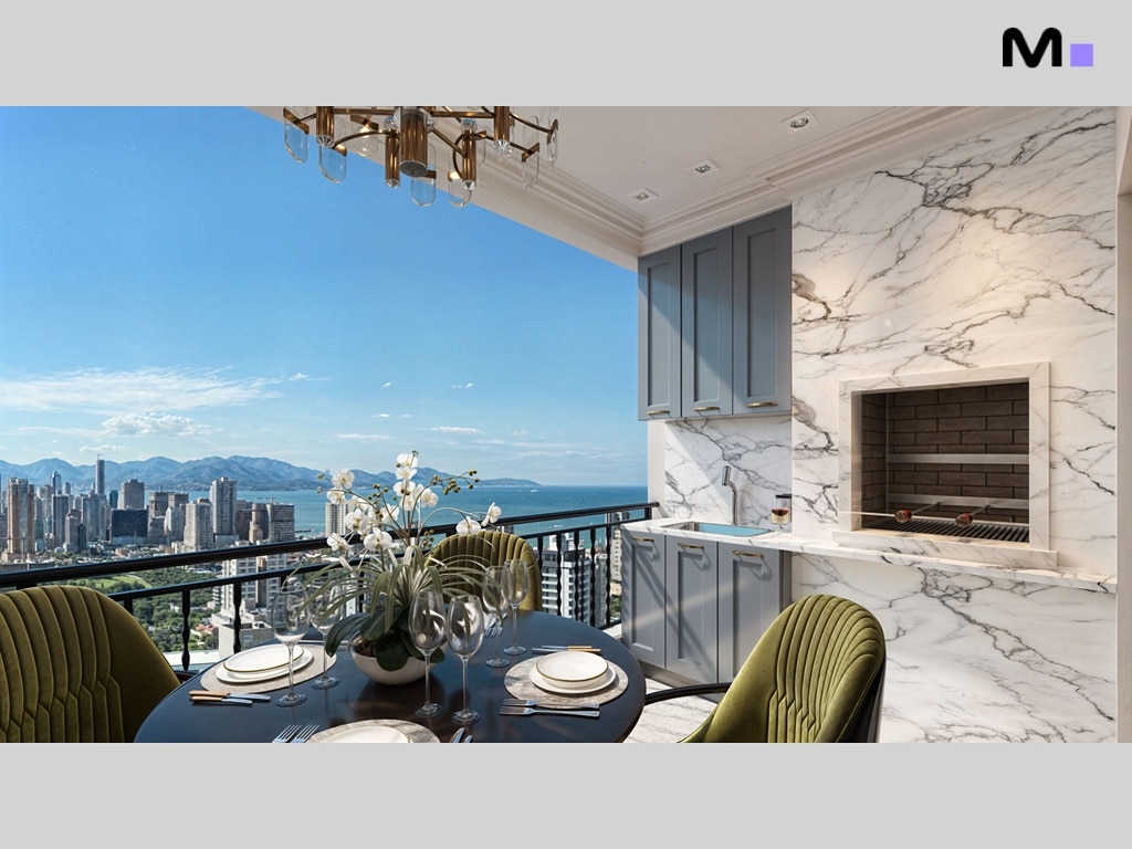 Varanda moderna com churrasqueira, mesa de jantar e vista para a cidade e o mar.