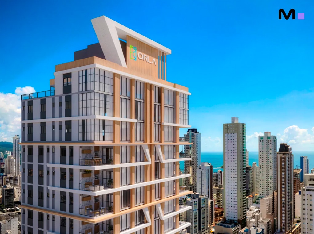 Renderização do edifício Orla, parte do Las Salinas Residence, com vista para a cidade e o oceano.