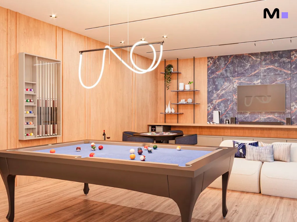 Sala de jogos residencial Minuannon com mesa de bilhar, estante de tacos e decoração moderna.