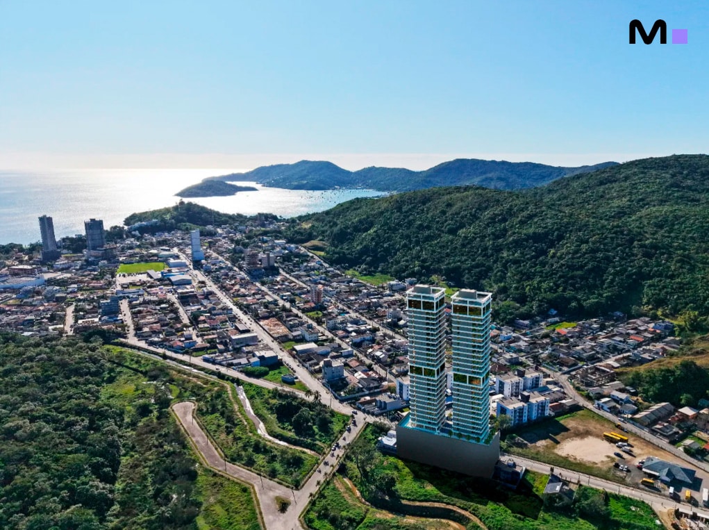 Vista aérea das Axion Towers, dois edifícios modernos em meio à paisagem urbana e natural.