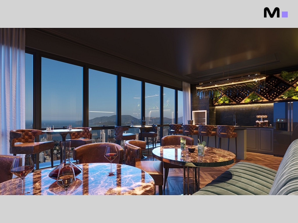 Interior luxuoso de bar com vista panorâmica e mesas de mármore. Design moderno e elegante.