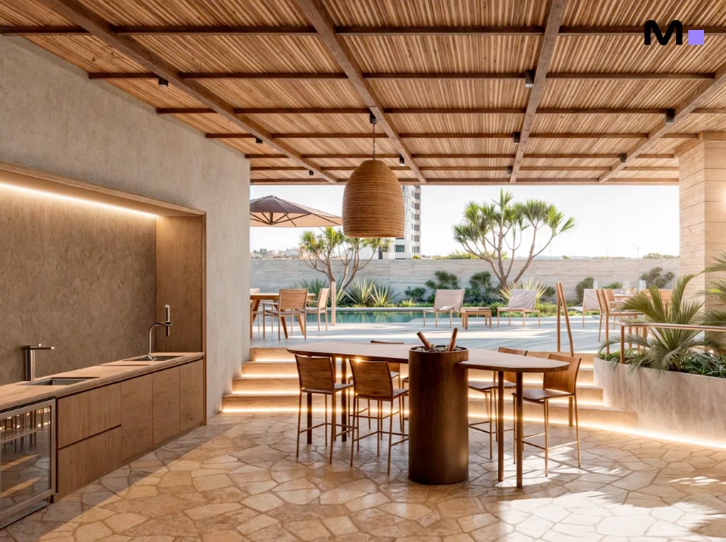 Residência Veredas: Área externa com cozinha gourmet, teto de madeira e piscina ao fundo.