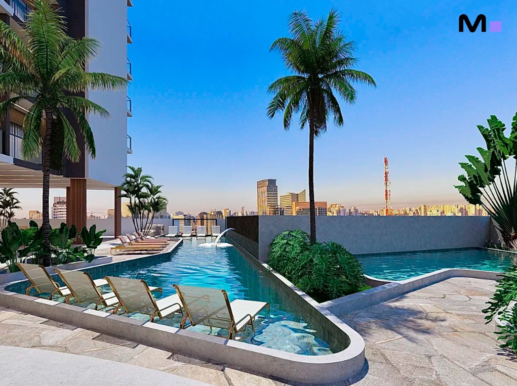 Piscina do Elohim Residencial Club com vista da cidade e palmeiras.