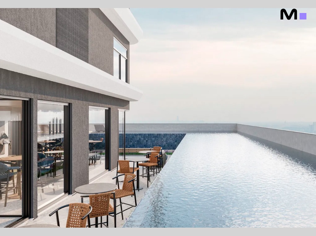 Terraço do Axion Towers com piscina infinita e área de estar externa. Vista panorâmica da cidade.