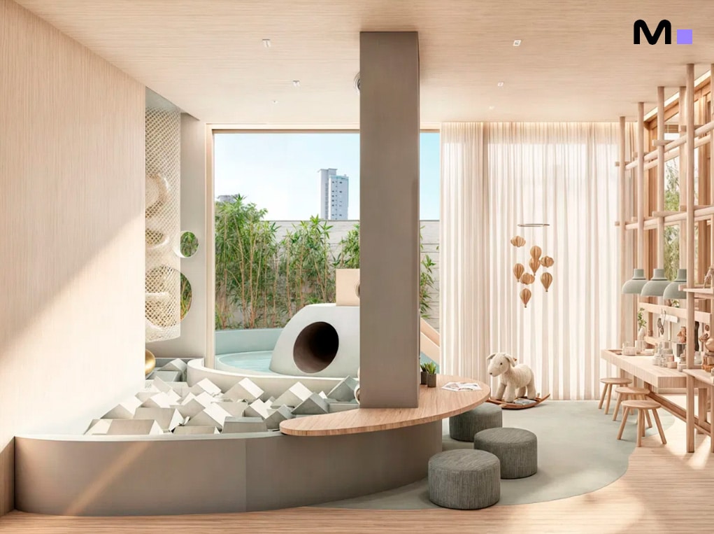 Sala de jogos infantil moderna e luminosa na Veredas Residence. Piscina de bolinhas e área de atividades.