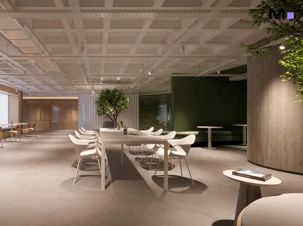 Espaço de escritório moderno com mesa de reunião e área de descanso verde, Down Town by Housi.