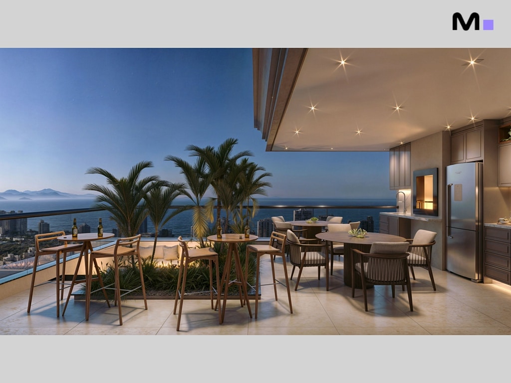 Varanda luxuosa com vista para o mar, mesas e cadeiras de bar. Rascunho automático de design moderno.