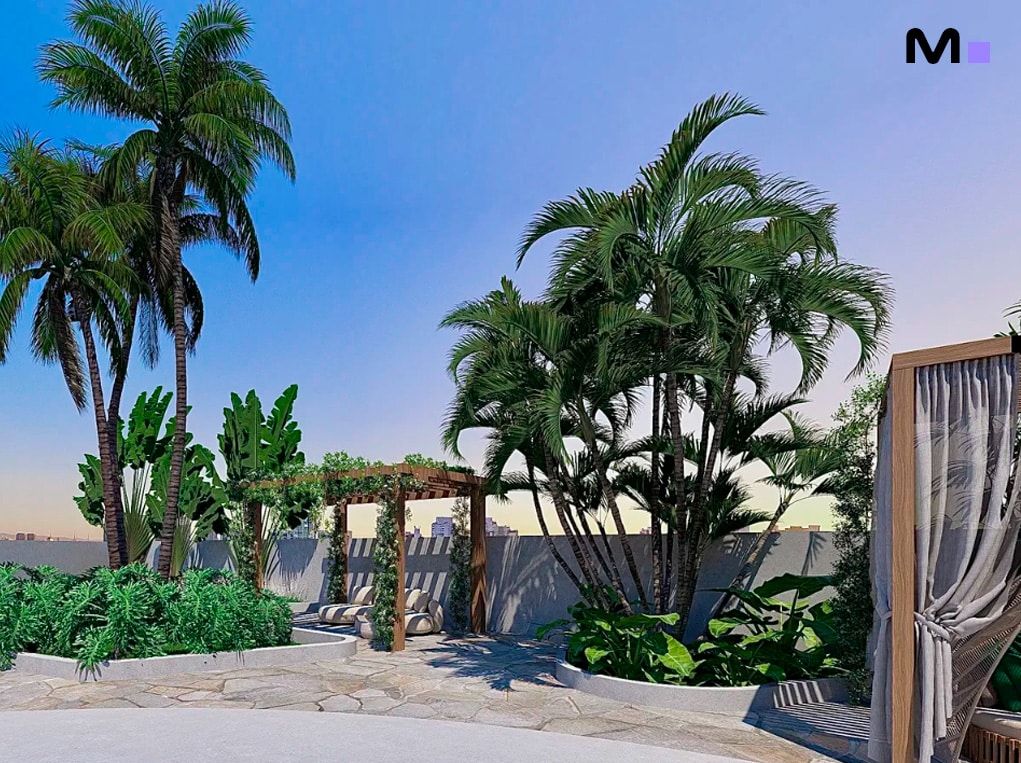 Elohim Residencial Club: Área de lazer com palmeiras e pergolado em deck de pedra.