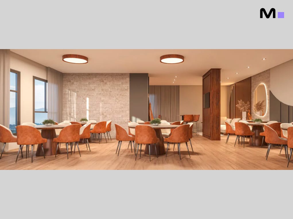 Interior do Minuannon Residencial: sala de jantar elegante com cadeiras laranjas e iluminação moderna.