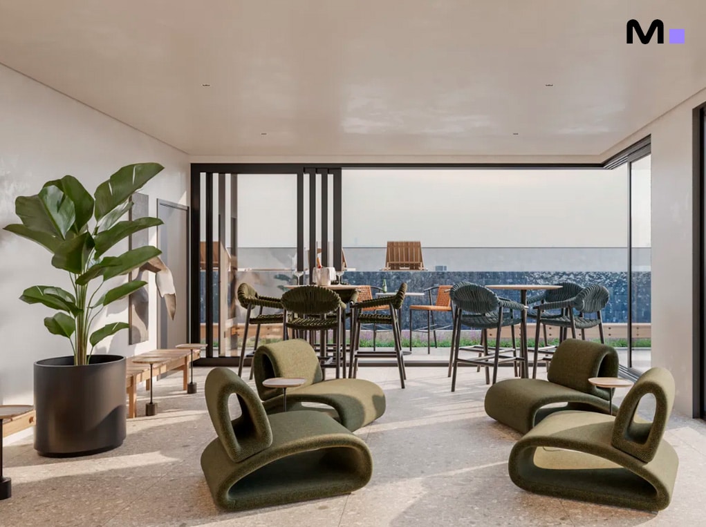 Interior moderno com cadeiras de design e vista ampla, ideal para o Axion Towers.