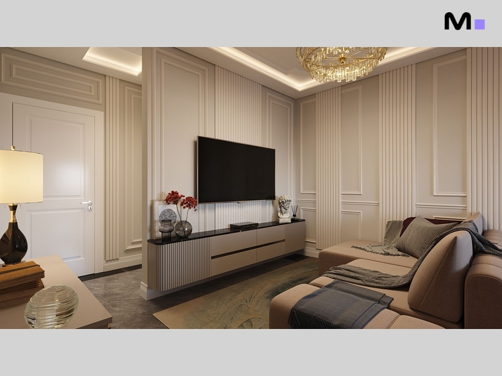 Sala de estar moderna com TV, sofá bege e decoração elegante. Rascunho automático de design de interiores.