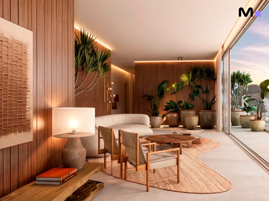 Sala de estar da Residência Veredas com madeira, plantas e luz natural abundante.