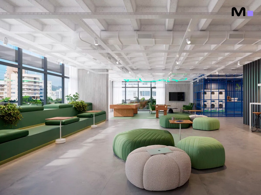 Espaço de convivência moderno e iluminado, com áreas de estar e jogos. Down Town by Housi.