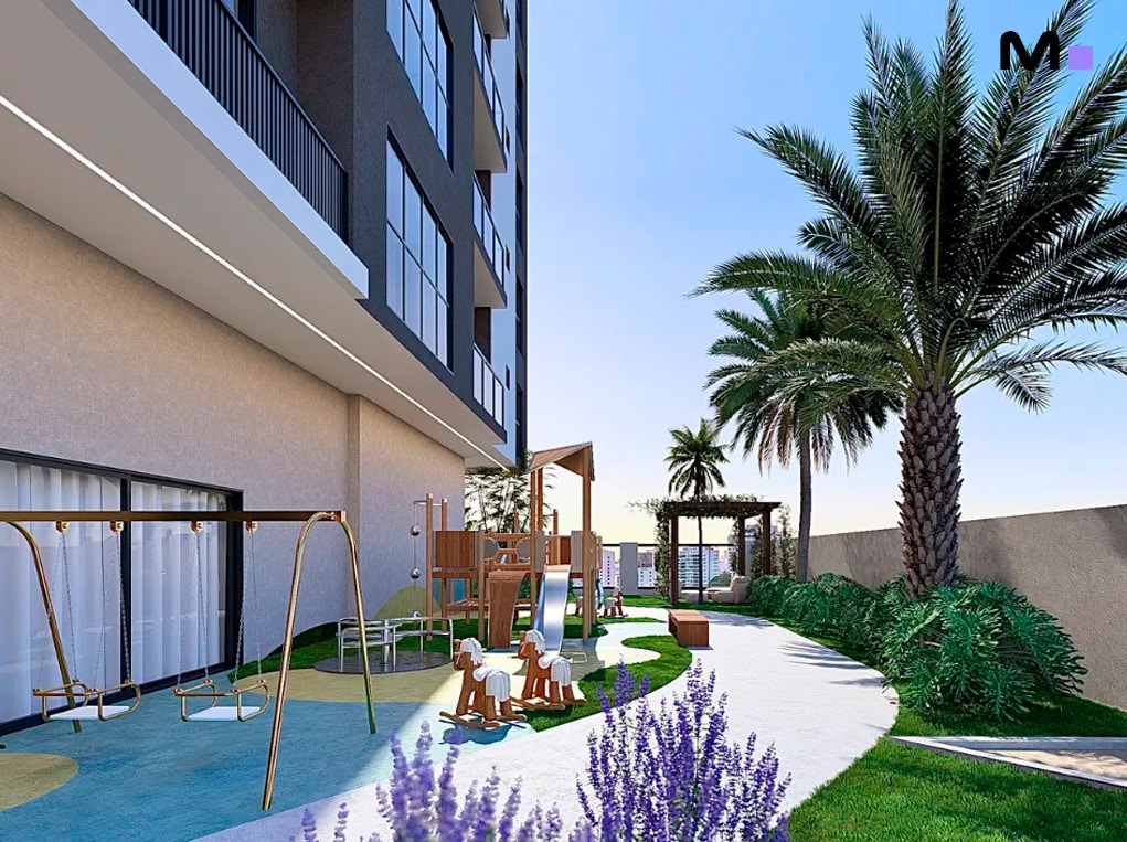 Área de lazer infantil do Elohim Residencial Club com balanços, escorregador e cavalinhos de pau.