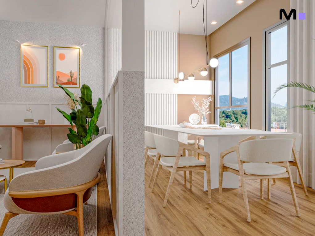 Interior residencial Minuannon: sala de estar aconchegante com área de jantar luminosa.