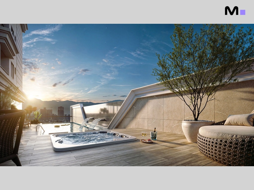 Terraço luxuoso com jacuzzi, vista da cidade e decoração elegante.