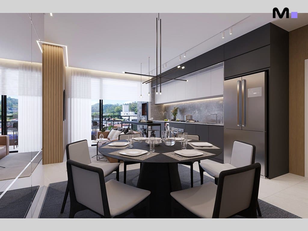 Cozinha moderna com mesa redonda e cadeiras cinzas. Residências Metropolitanas Modernas.